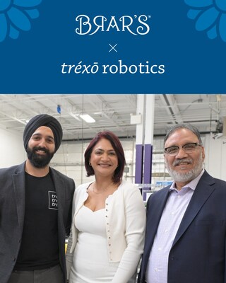 Trexo CEO Manmeet Maggu, Brar's CEO Kiran Mann and Brar's Owner Dial Pabla (CNW Group/Trexo Robotics) Trexo CEO Manmeet Maggu, Brar's CEO Kiran Mann and Brar's Owner Dial Pabla (CNW Group/Trexo Robotics)